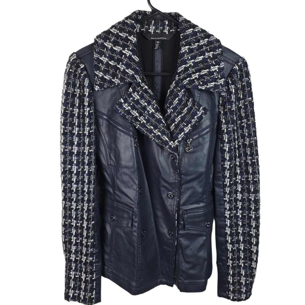 White House Black Market Moto Jacket Womens 10 Navy Tweed Good Mixed Media